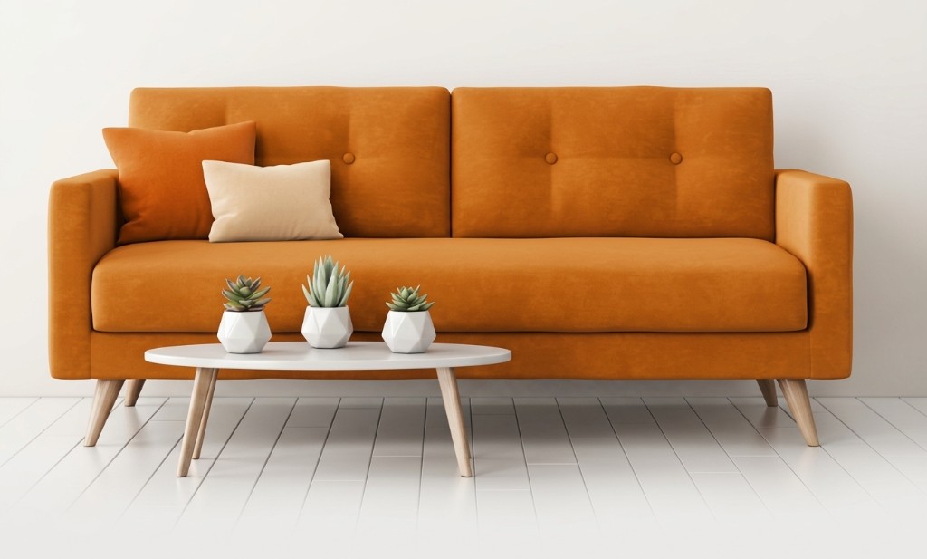 The same orange sofa after on-site dry cleaning