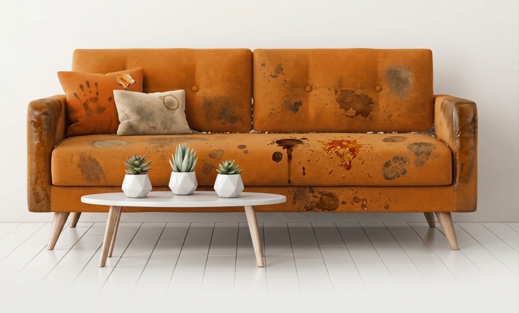 Stained orange sofa before Clean Fox dry cleaning